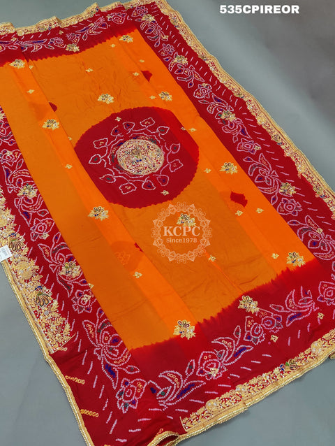 KcPc Pure Ojariya Handwork Zardoji Kolkata Special Marwari Chunri Odhna Pila (Red orange)