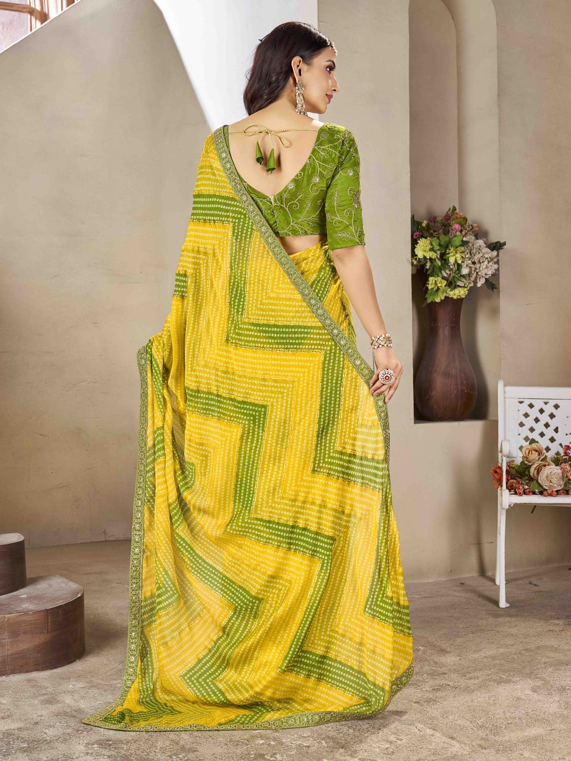 Chiffon Zig Zag foil print bandhani saree in yellow colour