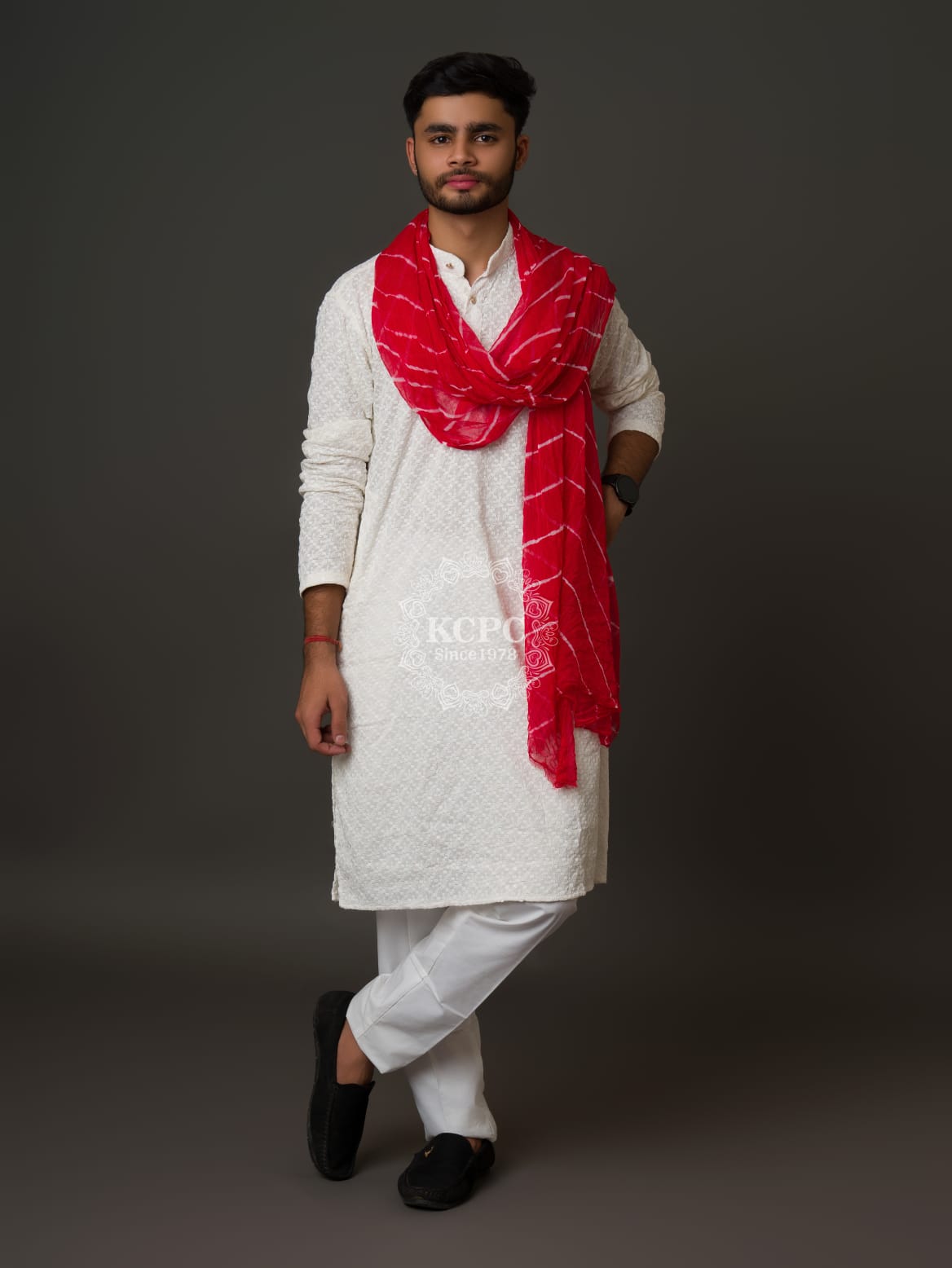 KcPc Original Handmade Chiffon Leheriya Gent's Dupatta Red