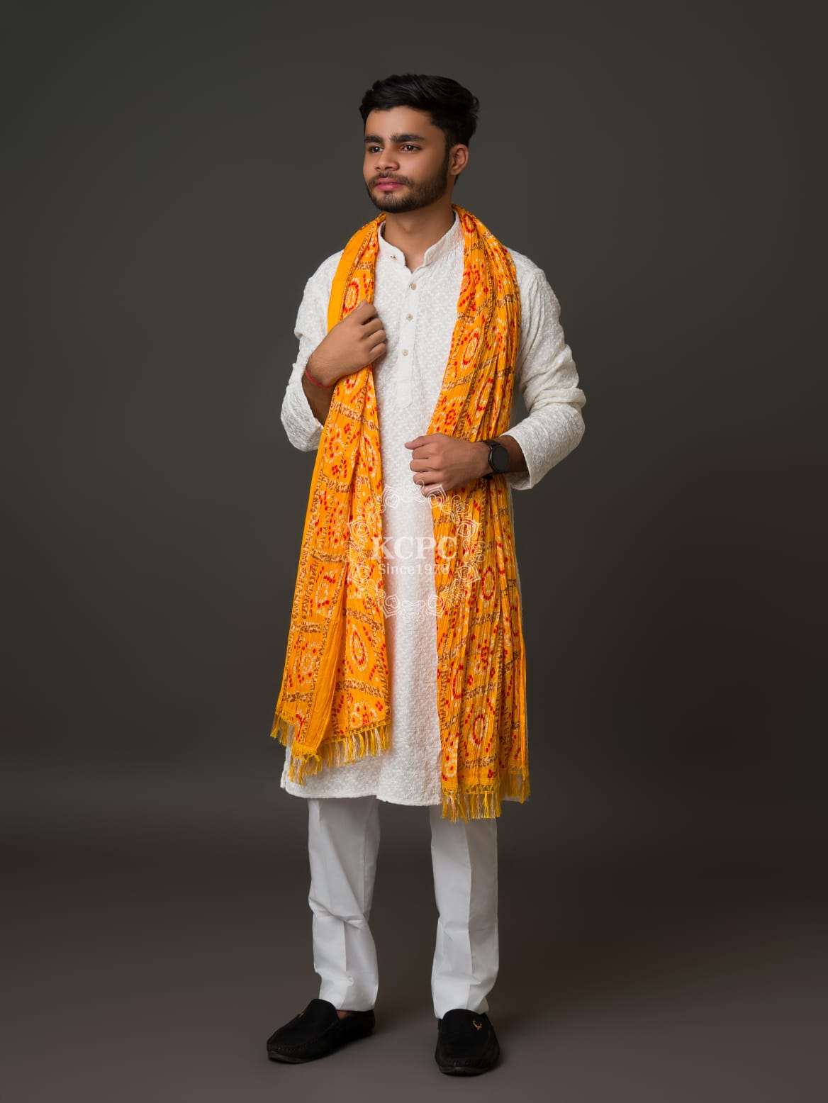 KcPc Chinon Bandhani Print Gent's yellow DupattaRAY