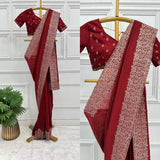 Red Vichitra silk saree with embroidery under 2000