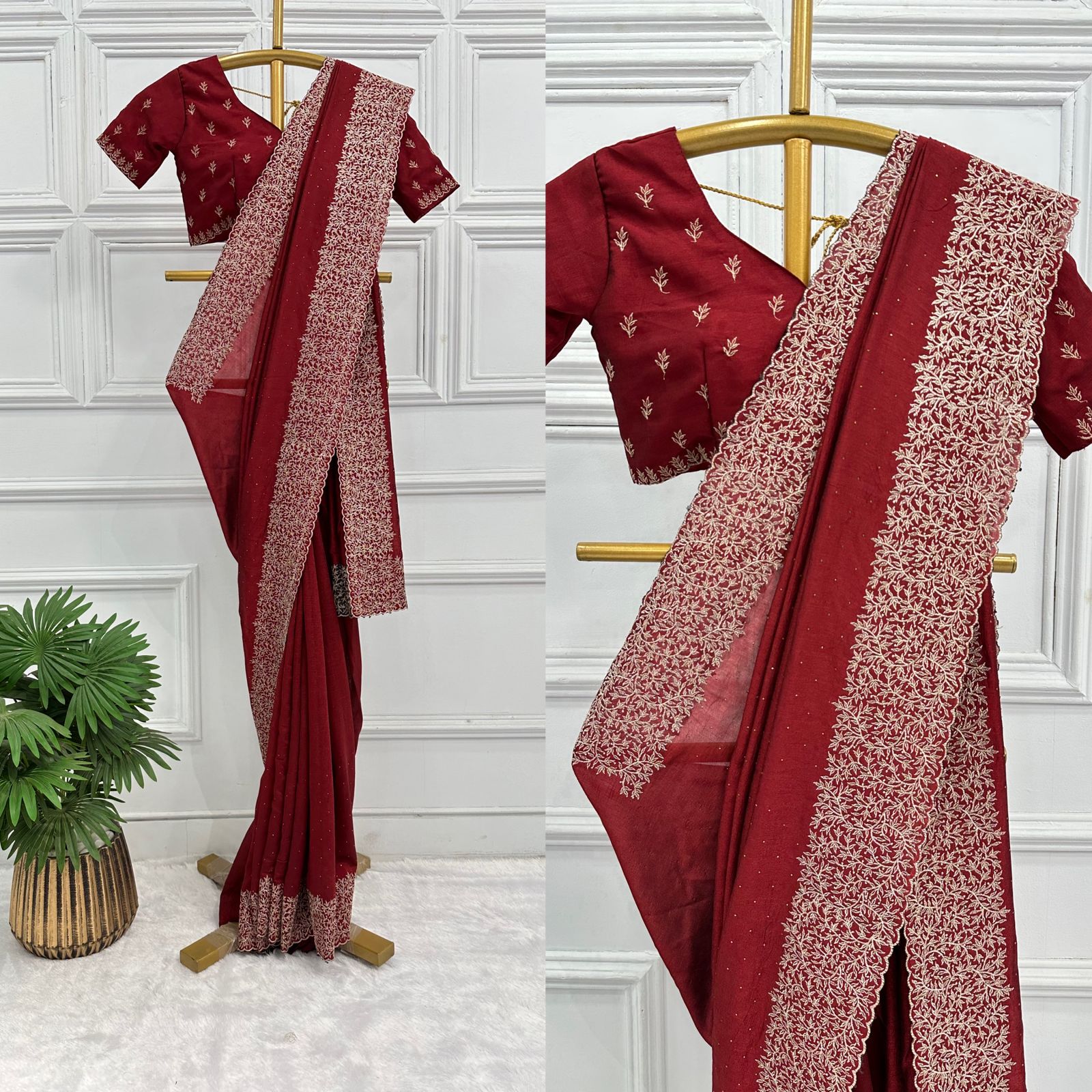 Red Vichitra silk saree with embroidery under 2000