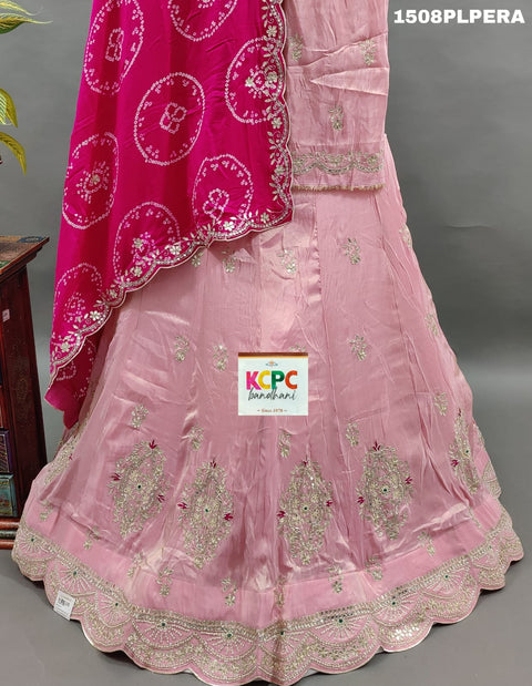 KcPc Pure upada Silk Pure  Bandhani Dupatta Cutdana Gota patti work Lehenga MAD