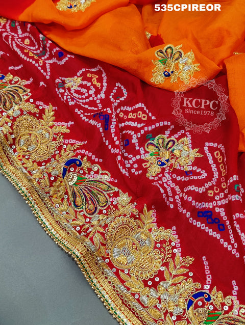 KcPc Pure Ojariya Handwork Zardoji Kolkata Special Marwari Chunri Odhna Pila (Red orange)