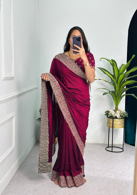 KcPc Latest Heavy Blooming Vichitra Silk Embroidery Saree HM Wine