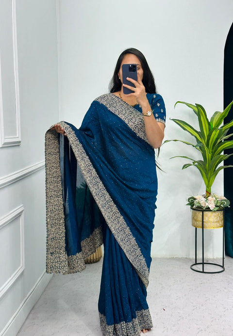 KcPc Latest Heavy Blooming Vichitra Silk With Embroidery Saree  HM Morkanti Blue