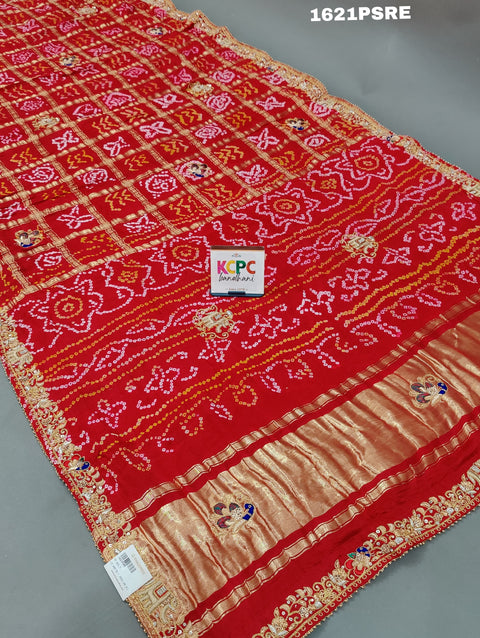 KcPc New Beautiful Red Pure Gaji Silk Gharchola Bandhani Zardoji Guleen Work Saree RS