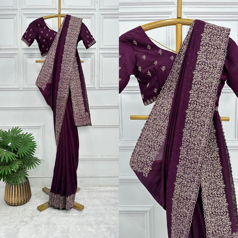 KcPc Latest Heavy Blooming Vichitra Silk Embroidery Saree HM Purple
