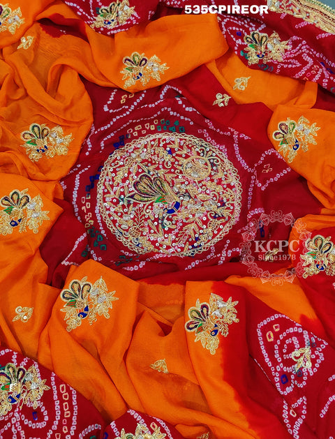 KcPc Pure Ojariya Handwork Zardoji Kolkata Special Marwari Chunri Odhna Pila (Red orange)