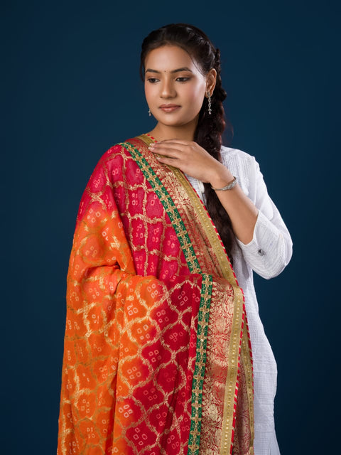 KcPc Pure Georgette Banarasi Ghatchola Bandhani Dupatta Pila
