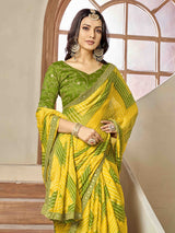 Chiffon Zig Zag foil print bandhani saree in yellow colour