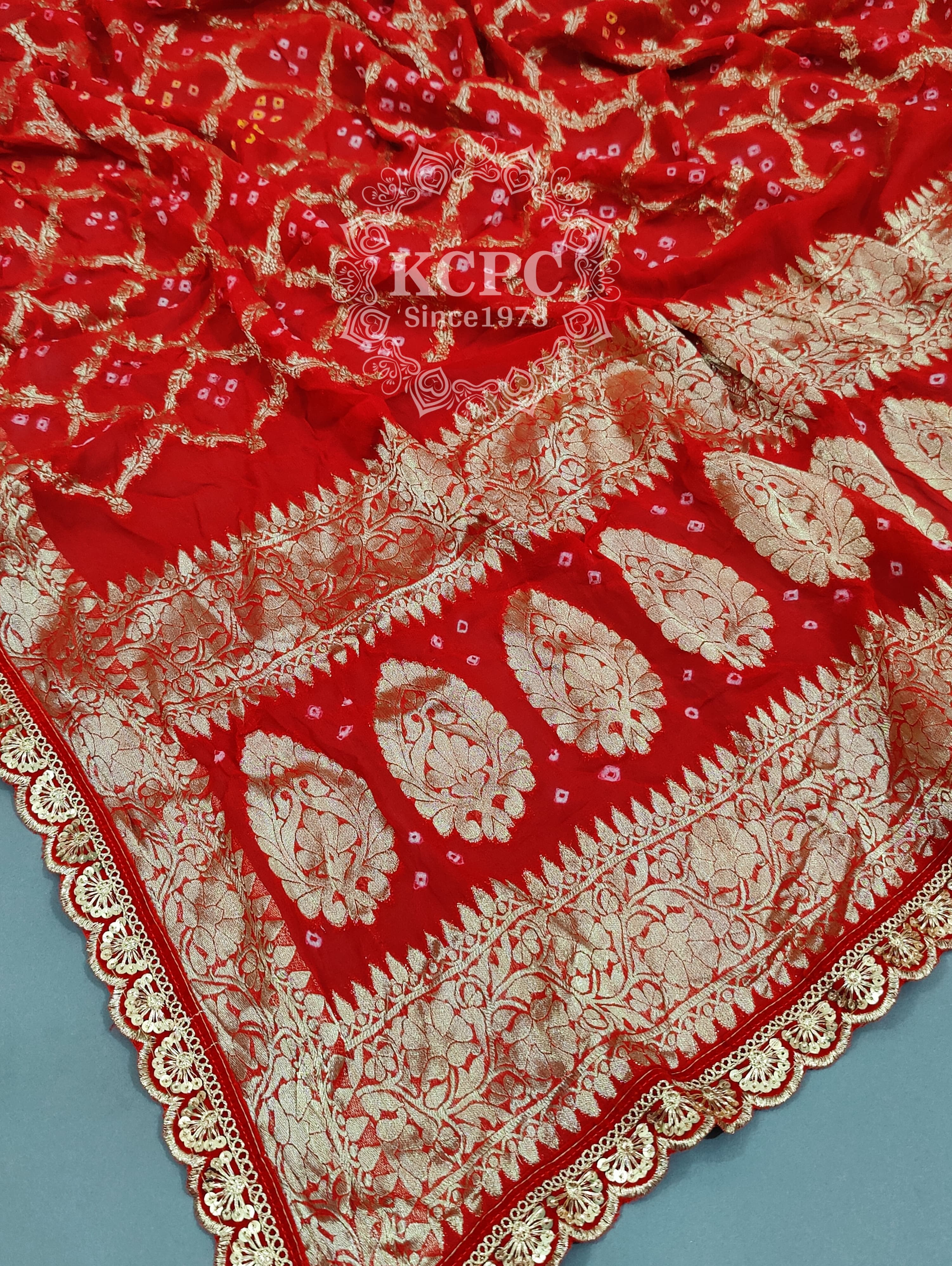 KcPc Pure Georgette Bandhani Banarsi Weaving Cut work Border Dupatta