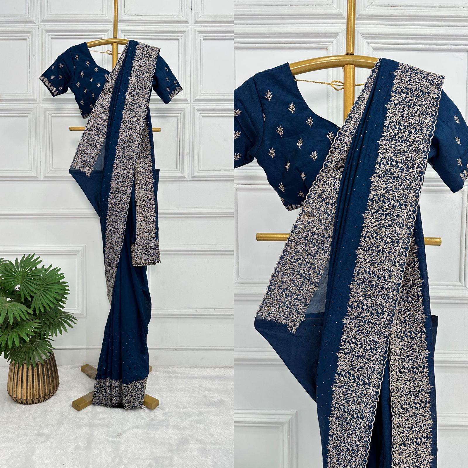 blue Vichitra silk saree with embroidery under 2000