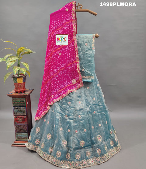 KcPc New Pure Tissue Handloom With Pure Chinon Dupatta Cutdana Mirror Handwork Lehenga MAD