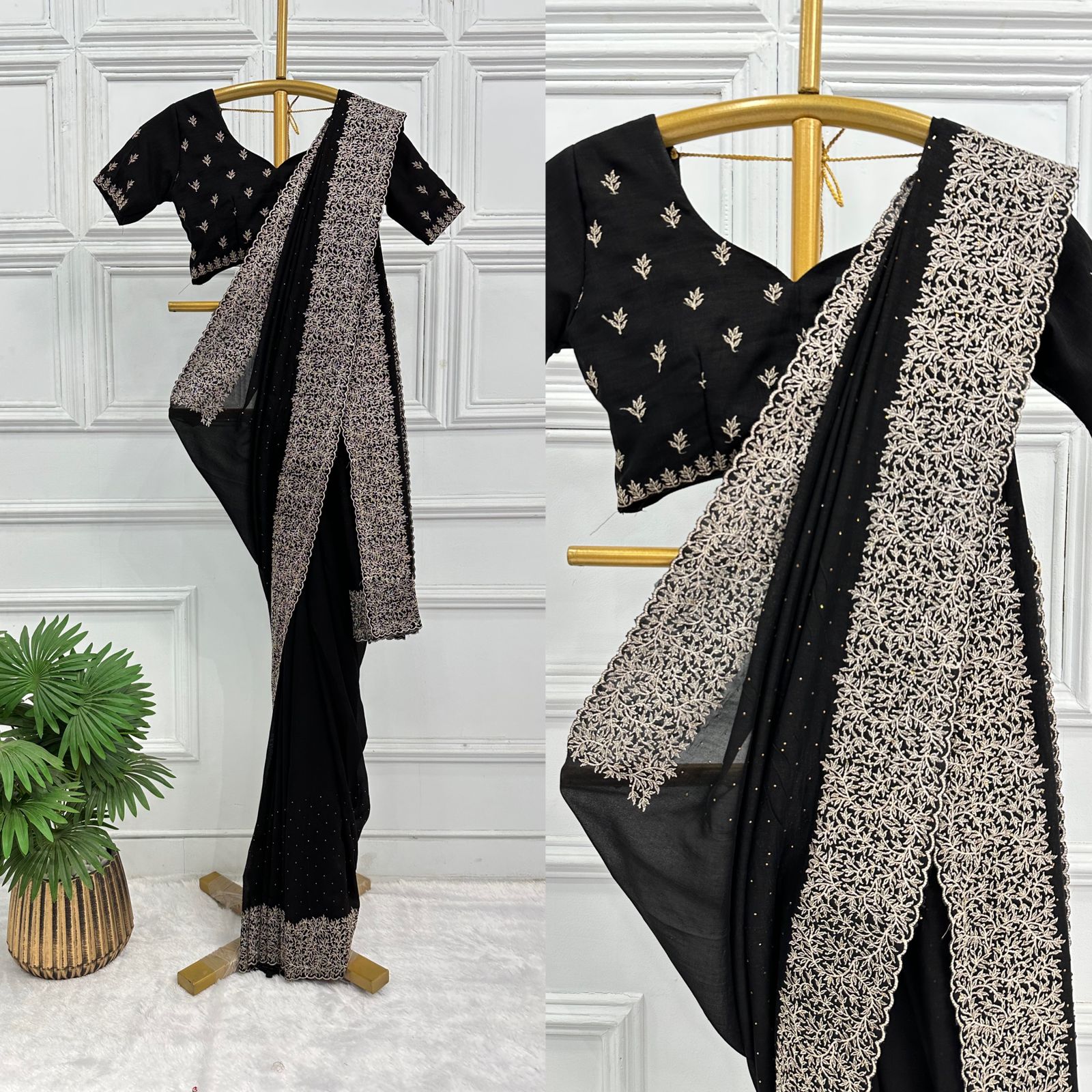  black Vichitra silk saree with embroidery under 2000