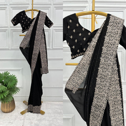 KcPc Latest Heavy Blooming Vichitra Silk embroidery Saree  HM  Black