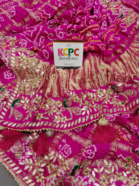 KcPc Pure Gaji Silk Bandhani Ghatchola Heavy Gotapatti Work Saree  Rani