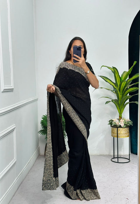 KcPc Latest Heavy Blooming Vichitra Silk embroidery Saree  HM  Black
