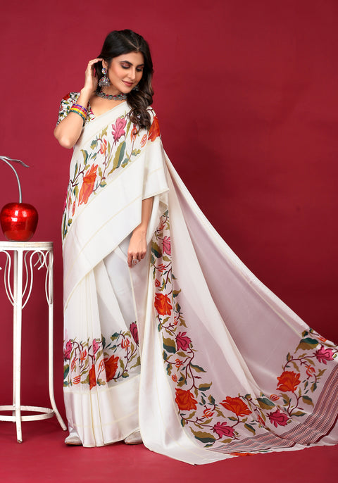 KcPc Pure chiffon Satin Patta floral print designer aree With Blouse srd